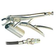 Öldruck-Ablasszange für Hydraulikanschlüsse (Hydraulikzange) mit Hebel und Düse, abgebildet neben einem Schlauch mit Gewindeanschluss.