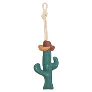 Das VOSS.farming Pferdespielzeug Beschäftigung Kaktus ist ein 36 cm langer Lederkaktus mit einem Cowboyhut und einer geknoteten Seilschlaufe an der Spitze zum Ziehen.
