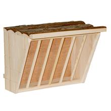 XL Kleintier Heuraufe mit Sitzbrett aus Holz, ideal für den Außenbereich, verfügt über ein schräges Dach und vertikale Lamellen.