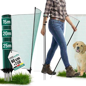 VOSS.farming classic Begrenzungszaun mit Tür, 90cm hoch, grün, 1 Spitze, ohne Strom; ideal für Hunde und Hühner. Erhältlich in 15m, 20m und 25m Länge. Inklusive Pfähle und Clips.