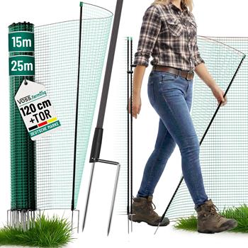 VOSS.farming classic Begrenzungszaun mit Tür, 120cm hoch, grün, ohne Strom, 2 Spitzen; ideal als grünes Zaunset für Garten oder Hundebereich.
