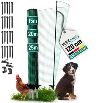VOSS.farming classic 15m grüner Zaun, 120cm hoch, 9 Pfähle, nichtelektrisch; abgebildet mit einem Huhn und einem Welpen daneben und angebrachtem Produktschild.