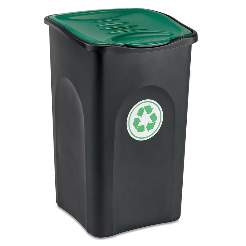 Großansicht der Bildergalerie Wertstofftonne „Ecogreen“ mit grünem Deckel, 50 Liter, mit Recycling-Symbol auf der Vorderseite.