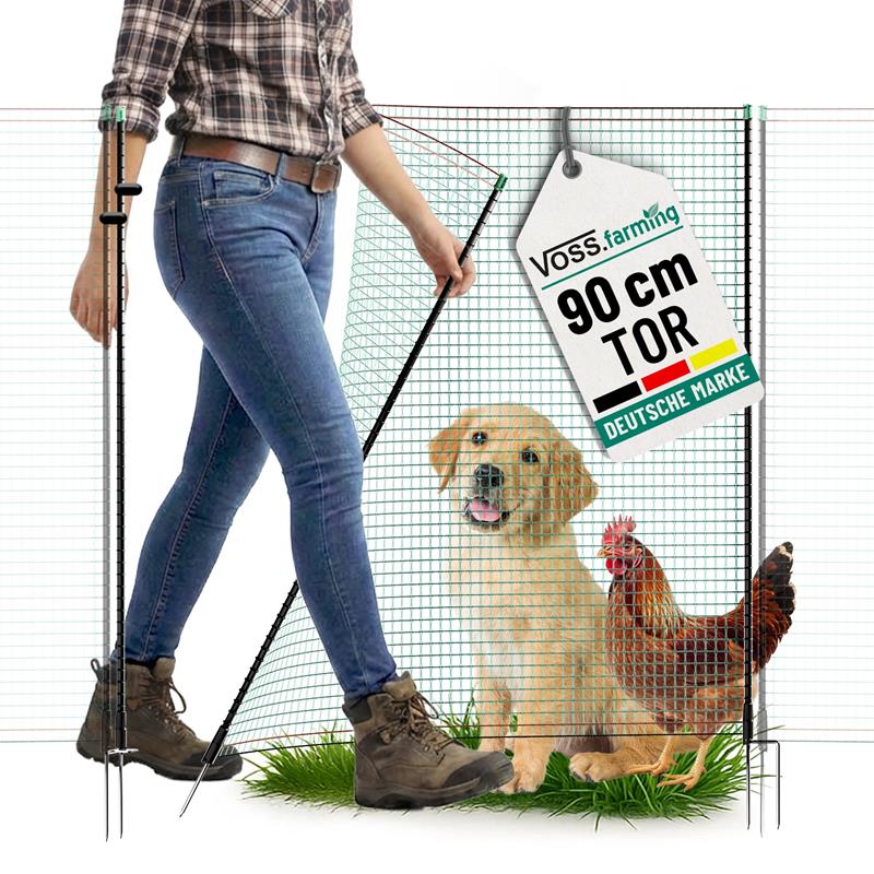 Großansicht der Bildergalerie Ein Welpe und ein Huhn stehen im Gras hinter einer teilweise geöffneten VOSS.farming Tür für Weidezaunnetze, 90cm, Zaun.