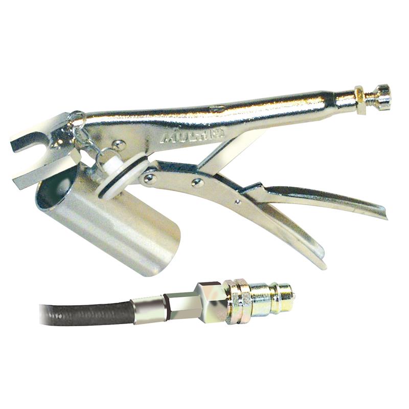 Großansicht der Bildergalerie Öldruck-Ablasszange für Hydraulikanschlüsse (Hydraulikzange) mit Hebel und Düse, abgebildet neben einem Schlauch mit Gewindeanschluss.