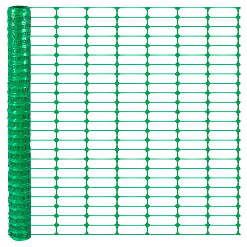 Großansicht der Bildergalerie Eine teilweise abgerollte Rolle LandXpert 30x1m Basic Begrenzungszaun, ein flexibler grüner Kunststoffschutzzaun mit einem rechteckigen Gittermuster.