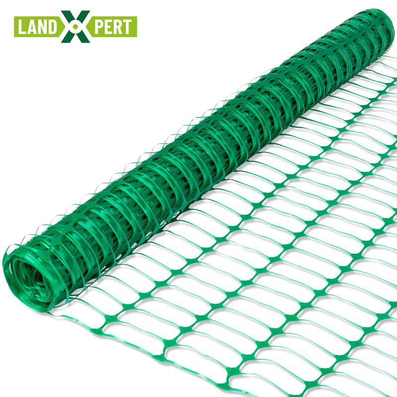 Großansicht der Bildergalerie Ein 50x1m grüner LandXpert Basic Begrenzungszaun, flexible mobile Maschendrahtzaunrolle, mit dem LandXpert Logo in der linken oberen Ecke.