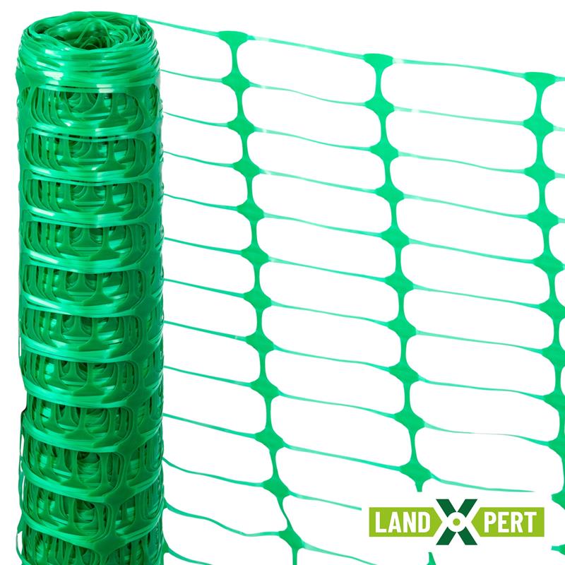 Großansicht der Bildergalerie Eine 50x1m Rolle grüner LandXpert Basic Begrenzungszaun aus flexiblem Kunststoff mit dem LandXpert-Logo in der unteren rechten Ecke.