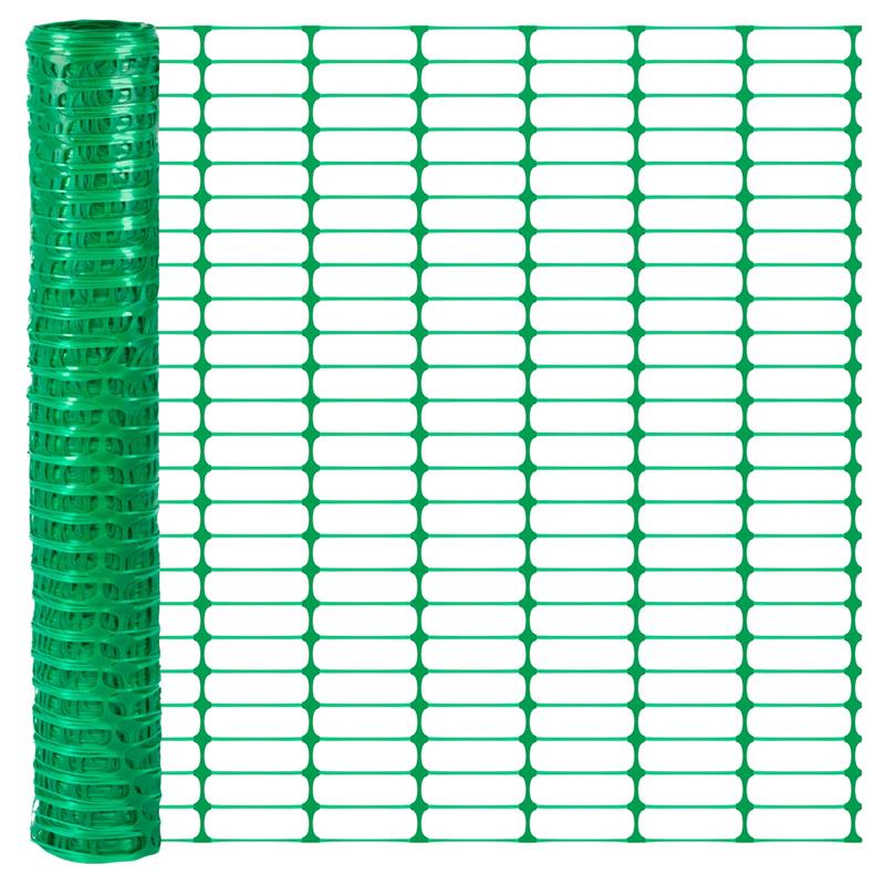 Großansicht der Bildergalerie Der LandXpert 80x1m Basic Begrenzungszaun ist ein flexibler grüner Kunststoff-Sicherheitszaun mit rechteckigen Maschenöffnungen, hier abgerollt zur Ansicht.
