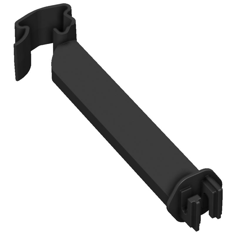Großansicht der Bildergalerie Satz mit 25 schwarzen Rückseiten-Abstandshaltern für T-Pfosten, jeweils 15 cm lang, mit einem gebogenen Clip an einem Ende und einem flachen, länglichen Körper.