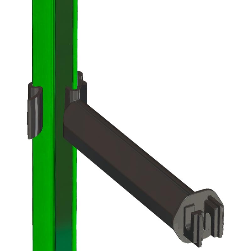 Großansicht der Bildergalerie 3D-Rendering eines 25x Rückseiten-Abstandisolators für T-Pfosten, 15cm, schwarz: ein grüner vertikaler Pfosten mit einem horizontal angebrachten schwarzen Bügelisolator.