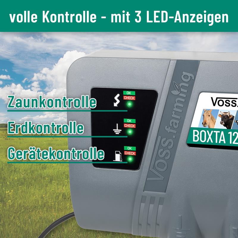 Nahaufnahme des VOSS.farming „BOXTA 12“ 230V Weidezaungeräts mit drei LED-Anzeigen für Zaun-, Erd- und Gerätekontrolle.