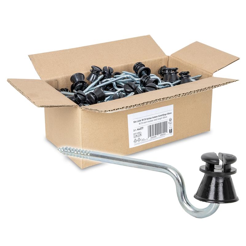 Offener Karton mit 50x Lister WI 25 Vorbau-Isolator (Schaftlänge 130mm) Einschraubisolatoren für Weidezaungeräte, einer davon vorne separat abgebildet. Marke: Lister.
