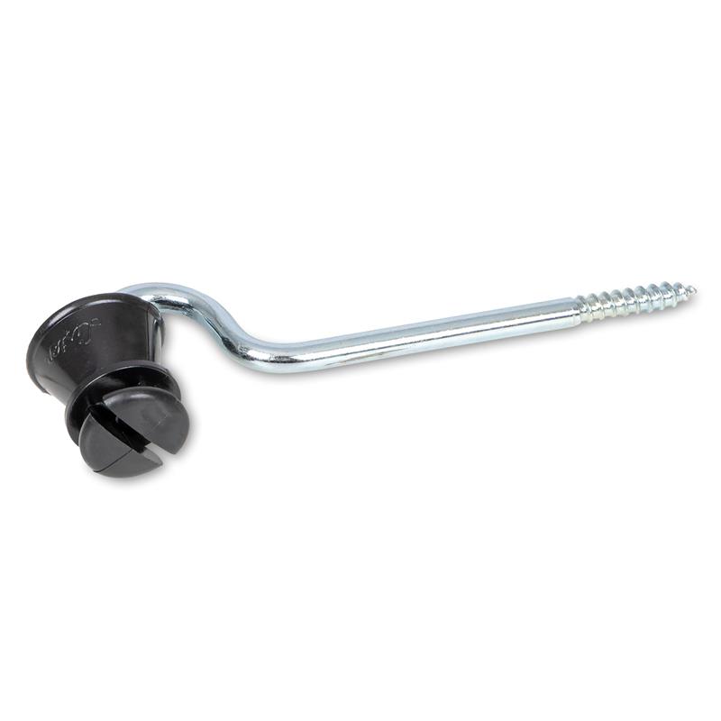 Der Lister WI 25 Vorbau-Isolator ist ein einschraubbarer Elektrozaungerät-Isolator aus Metall mit einer schwarzen Kunststoffkappe und einem abgewinkelten Gewindeschaft von 130 mm, erhältlich in einer Packung mit 50 Stück.