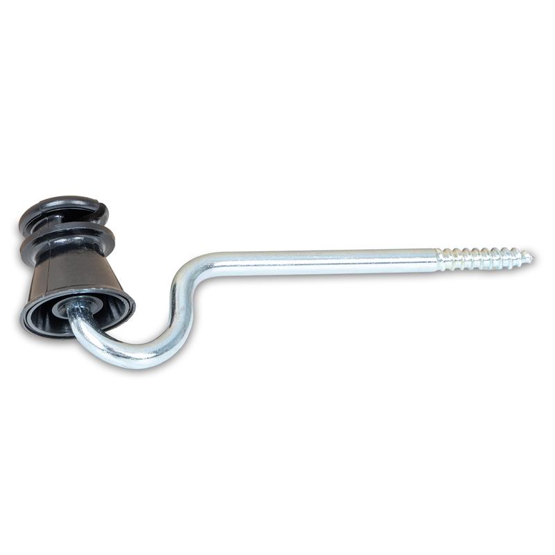 Der Lister 50x WI 25 Vorbau-Isolator verfügt über einen einschraubbaren Metallschaft (130 mm) mit schwarzem Kunststoffoberteil und gebogenem Haken, ideal für den Zaunbau.