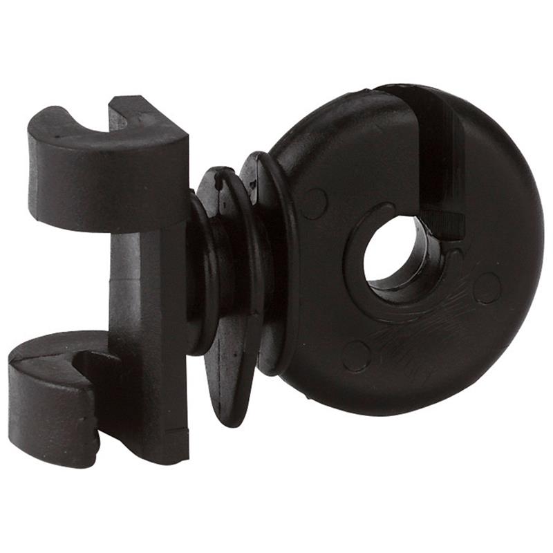 Der AKO Zusatzisolator für Ovalstahlpfähle ist ein schwarzer Weidezaun-Isolator aus Kunststoff mit kreisförmiger Mitte und Schlitzen zur Drahtbefestigung.