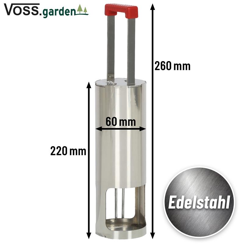 Großansicht der Bildergalerie Die VOSS.garden VoleEX Premium Wühlmausfalle Edelstahl ist ein Edelstahlwerkzeug mit zwei Griffen, die 260 mm hoch und 60 mm breit sind. Auf dem Produkt ist "Edelstahl" abgebildet.