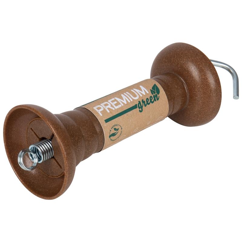 Braunes spulenförmiges Gartengerät mit Feder und Haken, Aufschrift AKO Premium Torgriff „BIG green“, braun, mit Haken.