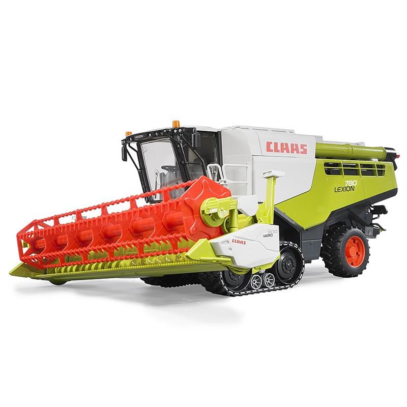 Der BRUDER Claas Lexion 780 Terra Trac Mähdrescher, im Maßstab 1:16 und für Kinder ab 4 Jahren, ist ein grüner und weißer Mähdrescher mit rotem Vorsatz.
