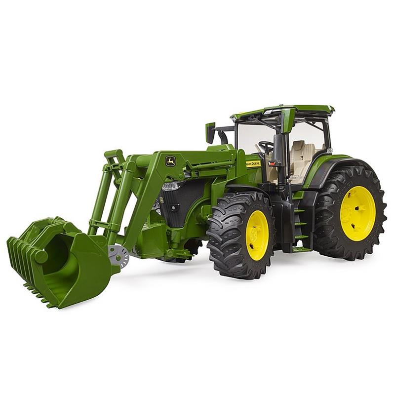 Der Traktor John Deere 7R 350 von BRUDER verfügt über große gelbe Räder, einen Frontlader, funktionierende Türen und eine funktionierende Motorhaube und ist für Kinder ab 3 Jahren im Maßstab 1:16 konzipiert.