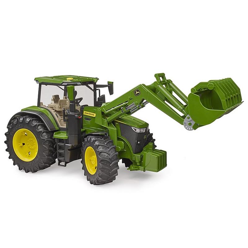 Der BRUDER John Deere 7R 350 Traktor mit Frontlader, ab 3 Jahren, im Maßstab 1:16, mit gelben Rädern sowie öffnender Motorhaube und Türen ist auf weißem Hintergrund abgebildet.