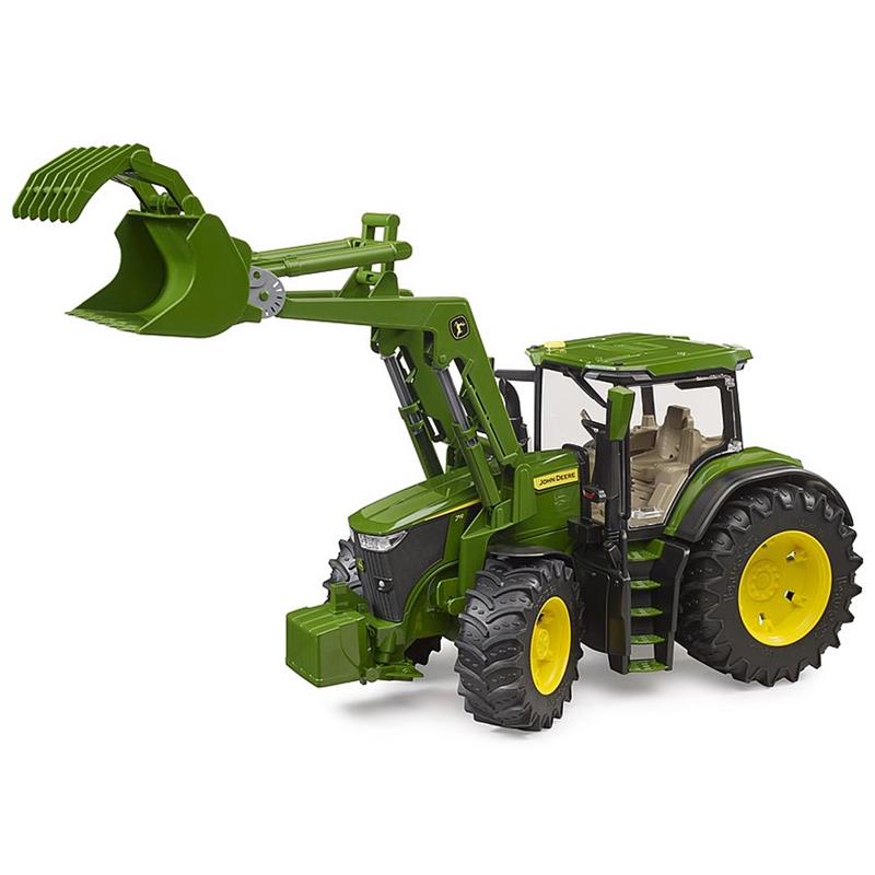 BRUDER John Deere 7R 350 Traktor mit Frontlader, grün mit gelben Rädern, öffnender Motorhaube und Türen, ab 3 Jahren, Maßstab 1:16, isoliert auf weißem Hintergrund.