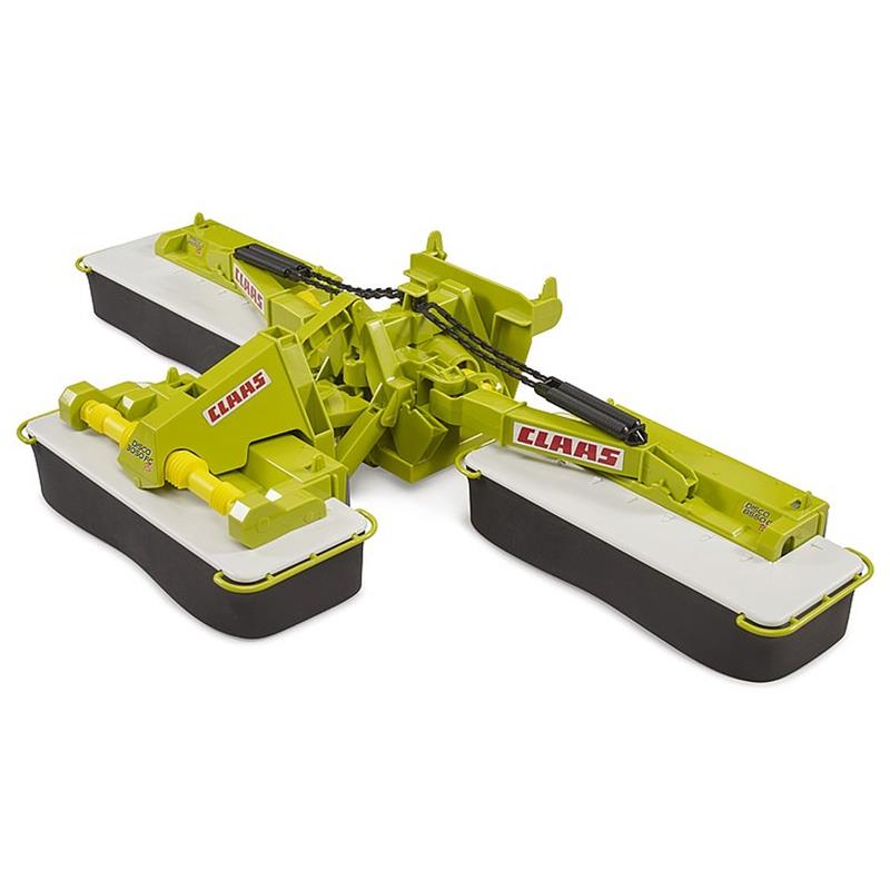 Grün-weiß-schwarzer BRUDER Claas Disco 8550 C Plus Dreifach Mähwerk, landwirtschaftlicher Mähvorsatz mit drei Schneidsektionen, Maßstab 1:16, abnehmbares Frontmäher, geeignet für Kinder ab 4 Jahren.