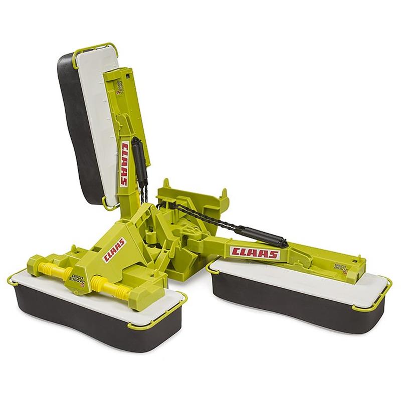 Ein grün-weißer BRUDER Claas Disco 8550 C Plus Mähvorsatz (Maßstab 1:16) mit drei T-förmigen Schneidklingen und abnehmbarem Frontmäher, geeignet für Kinder ab 4 Jahren.
