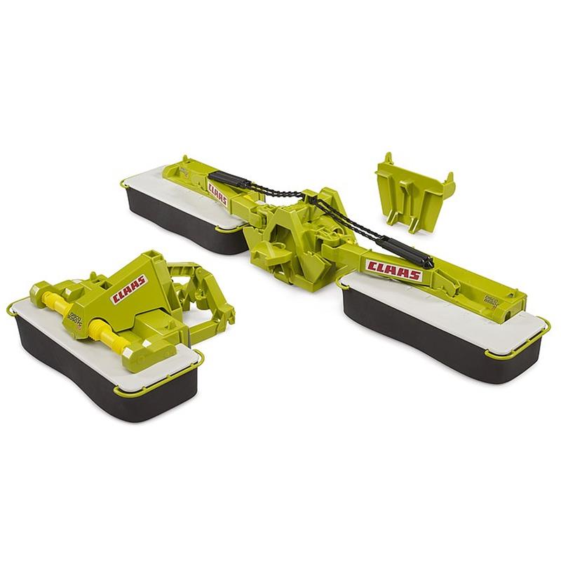 Grün-gelber BRUDER Claas Disco 8550 C Plus Spielzeug-Mähvorsatz, Maßstab 1:16, mit schwarz-weißen Mähdecks und abnehmbarem Frontmäher, geeignet für Kinder ab 4 Jahren.