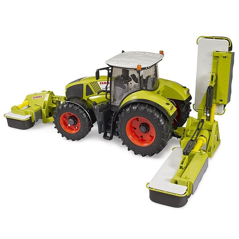 Das BRUDER Claas Disco 8550 C Plus Dreifach Mähwerk ist ein grün-schwarzer Spielzeugmäher mit schwarzen-roten Rädern, großen weißen Seitenaufsätzen und einem abnehmbaren Frontmäher. Für Kinder ab 4 Jahren, Maßstab 1:16.