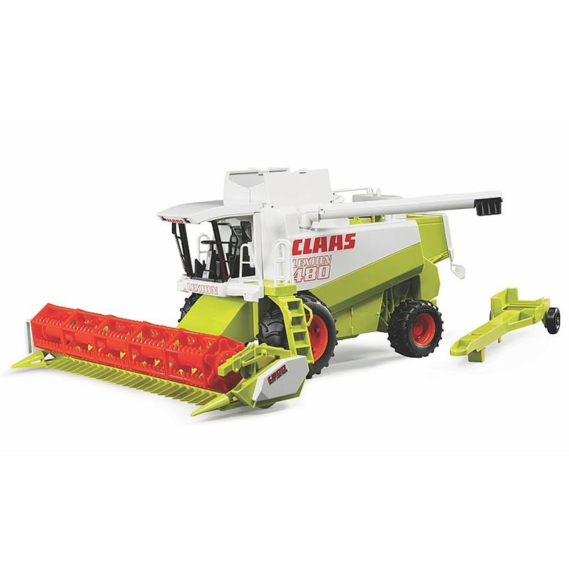 BRUDER Claas Lexion 480 Mähdrescher: detailgetreues, grünes und weißes Spielzeugmodell im Maßstab 1:16, mit rotem abnehmbarem Schneidewerk und gelbem Anhänger. Ab 3 Jahren geeignet.
