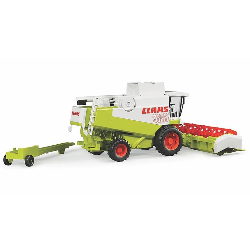 Das BRUDER Claas Lexion 480 Mähdrescher-Spielzeug in Grün und Weiß mit roten Rädern verfügt über einen abnehmbaren Schneidwerksanhänger. Geeignet für Kinder ab 3 Jahren, Maßstab 1:16.