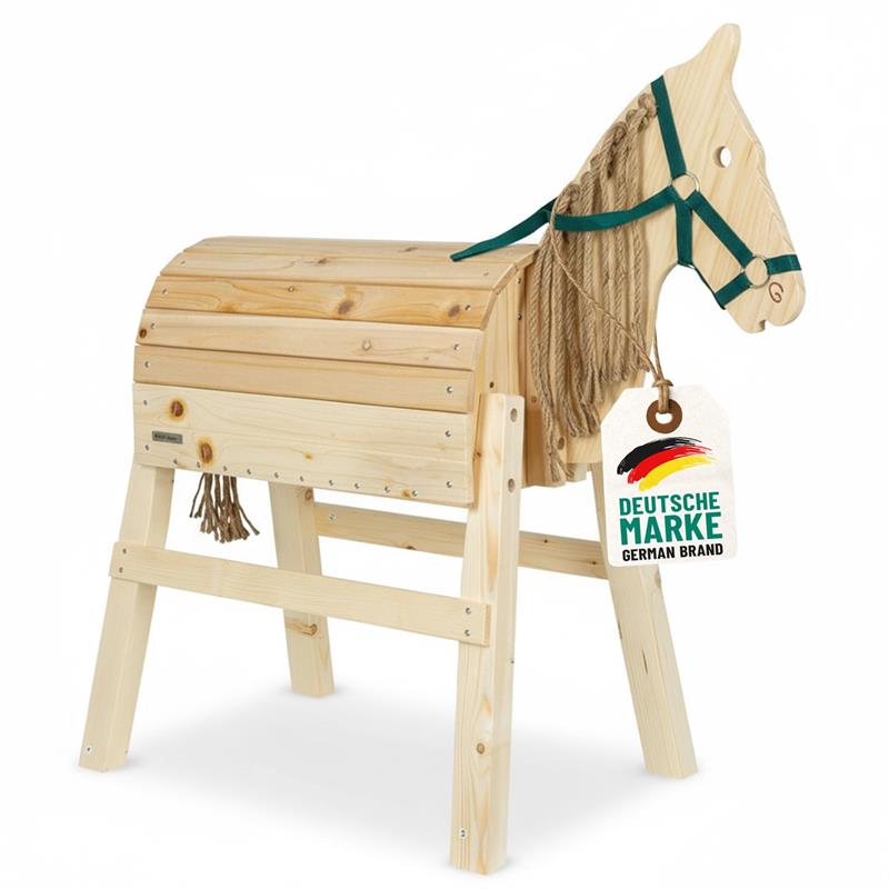 Holzpferd für Kinder aus Kiefernholz, belastbar bis 70kg, mit grünem Zaumzeug, Mähnendetails aus Garn und beweglichem Kopf – abgebildet in zwei Kopfpositionen.