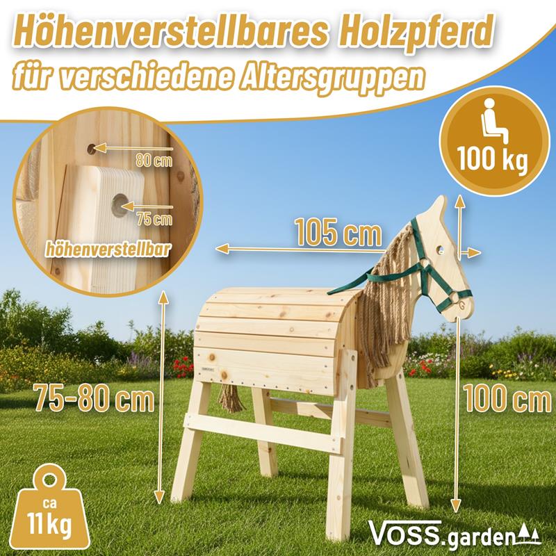 Das VOSS.garden Holzpferd für Kinder, ein Gartenpferd aus Kiefernholz, ist für verschiedene Altersgruppen geeignet, höhenverstellbar und bis 100 kg belastbar. Maße sind markiert. Ideal für draußen.