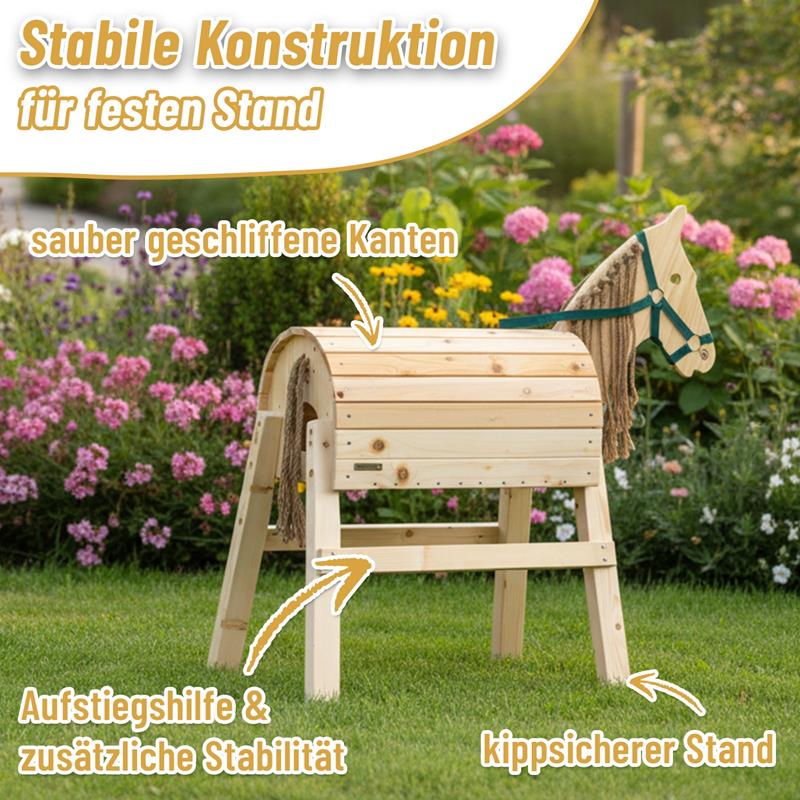Das VOSS.garden Holzpferd für Kinder ist ein Gartenpferd aus Kiefernholz, belastbar bis 100kg, mit stabiler Konstruktion und abgerundeten Kanten - ideal zum sicheren Spielen.