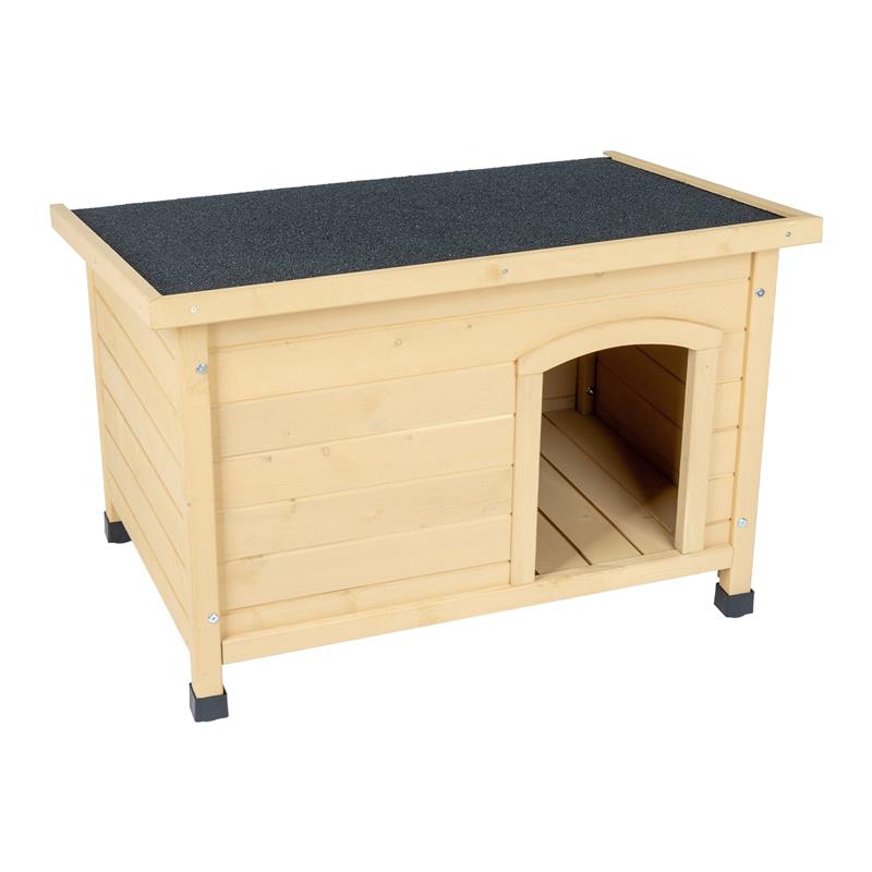 Großansicht der Bildergalerie Die VOSS.PET Hundehütte Mattes ist eine naturbraune, gebeizte XL-Hundehütte aus Fichtenholz mit bogenförmigem Eingang, schwarzem Dach und erhöhter Stellung.