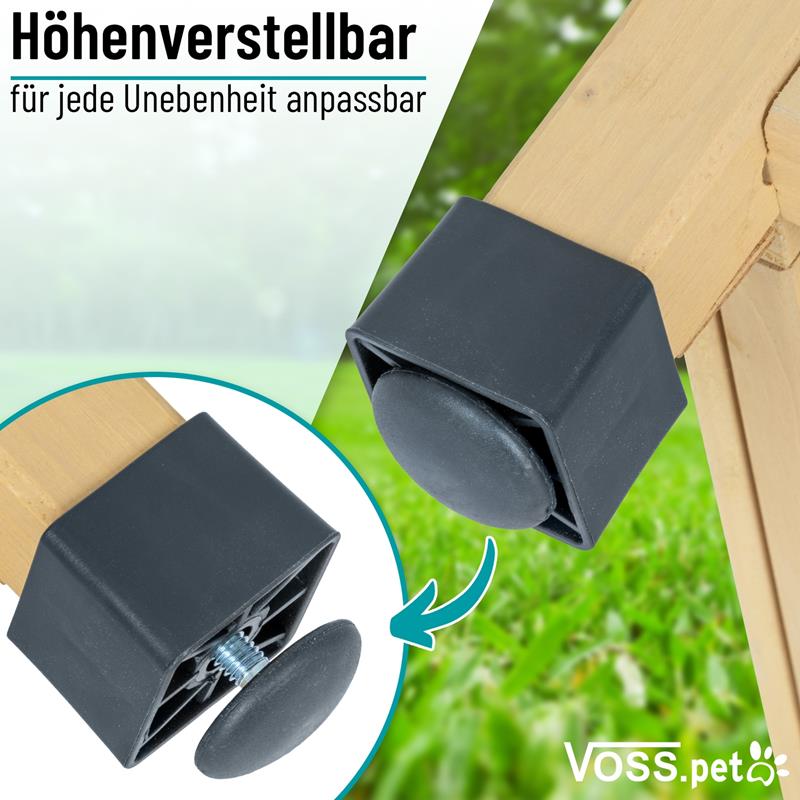 Großansicht der Bildergalerie Nahaufnahme eines verstellbaren schwarzem Nivellierfußes der Hundehütte Mattes Hundehaus aus Fichtenholz von VOSS.PET, naturbraun lasiert, XL – ideal für unebene Outdoor-Flächen.